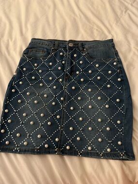 Venus Dark Blue Denim Pearl-Embellished Mini Skirt